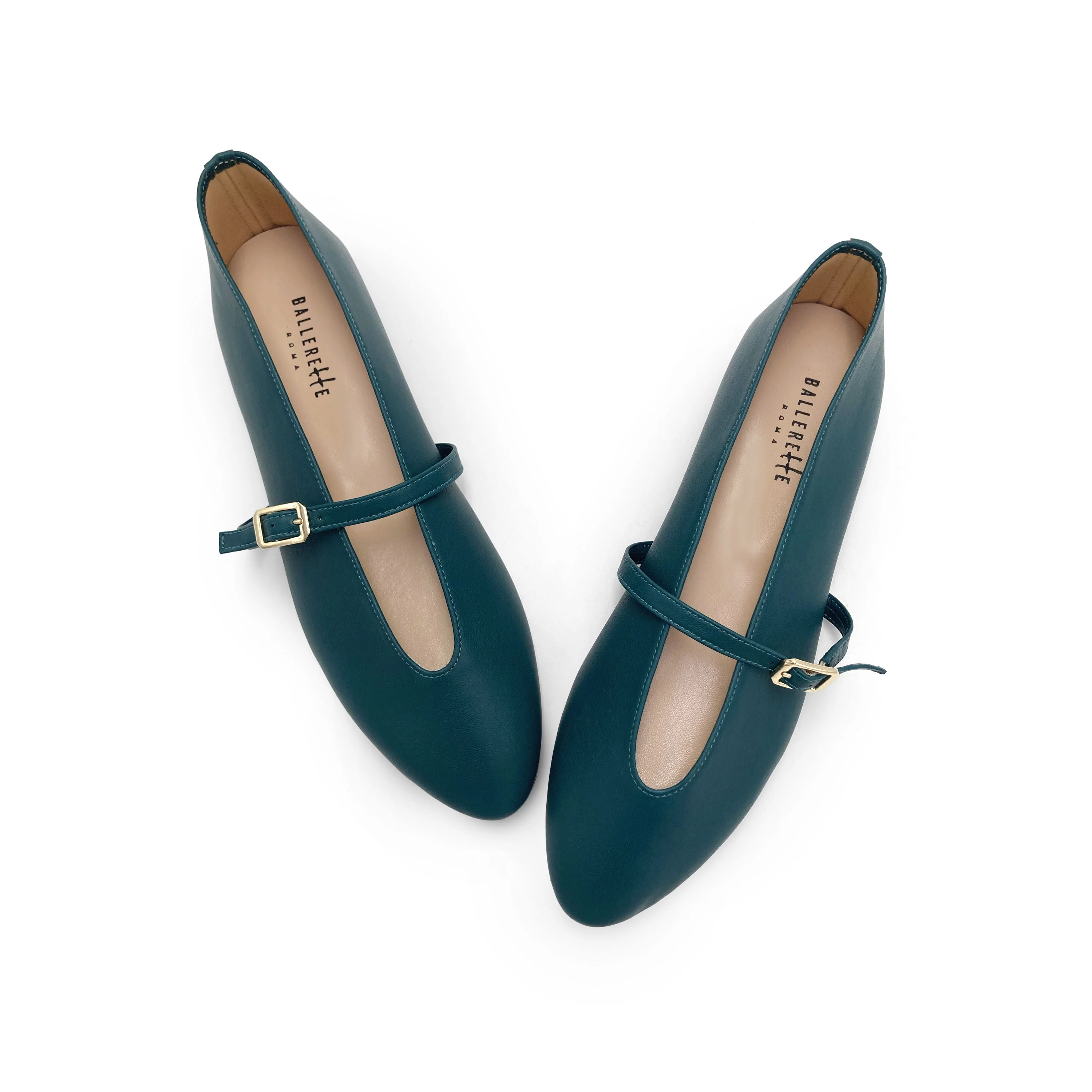 Ballerine blu petrolio in pelle con scollo a V e cinturino - Image 2