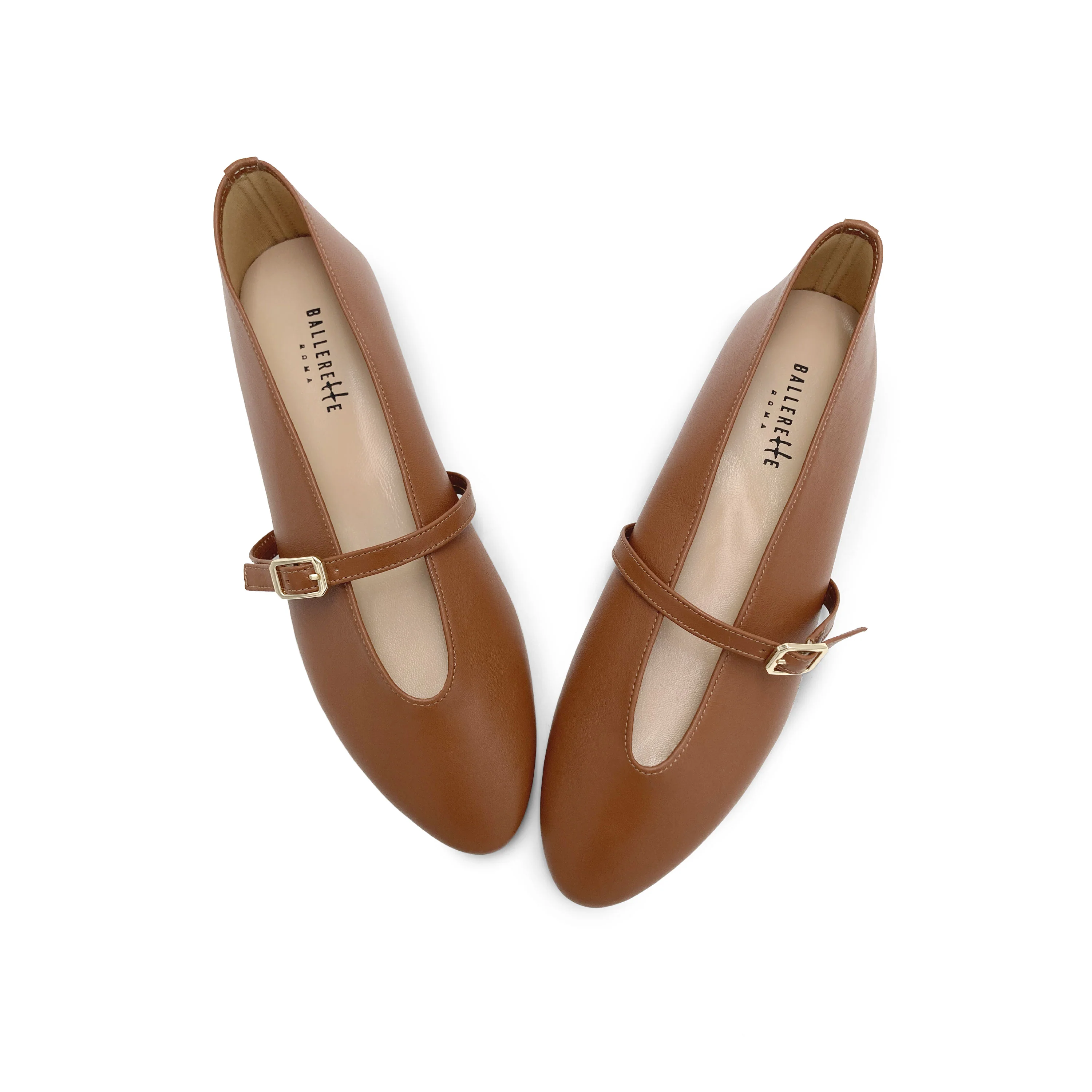 Ballerine marroni in pelle con scollo a V e cinturino - Image 2