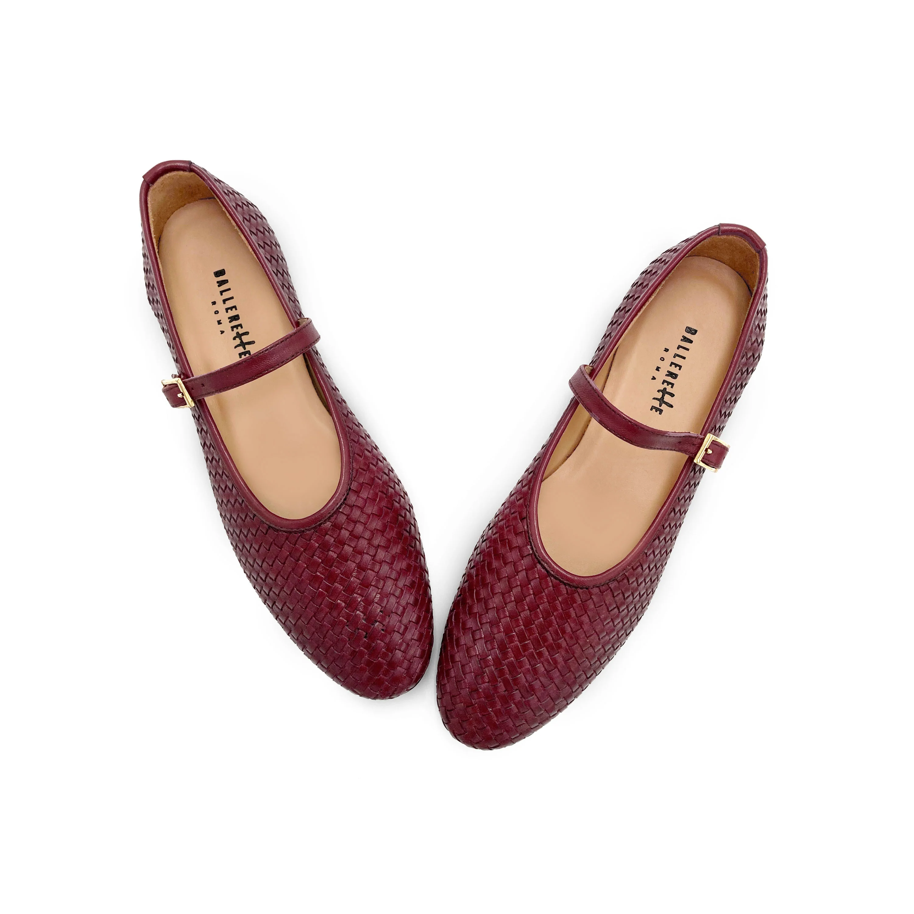 Ballerine Mary Jane bordeaux accollate in pelle intrecciata a mano e cinturino - Image 2