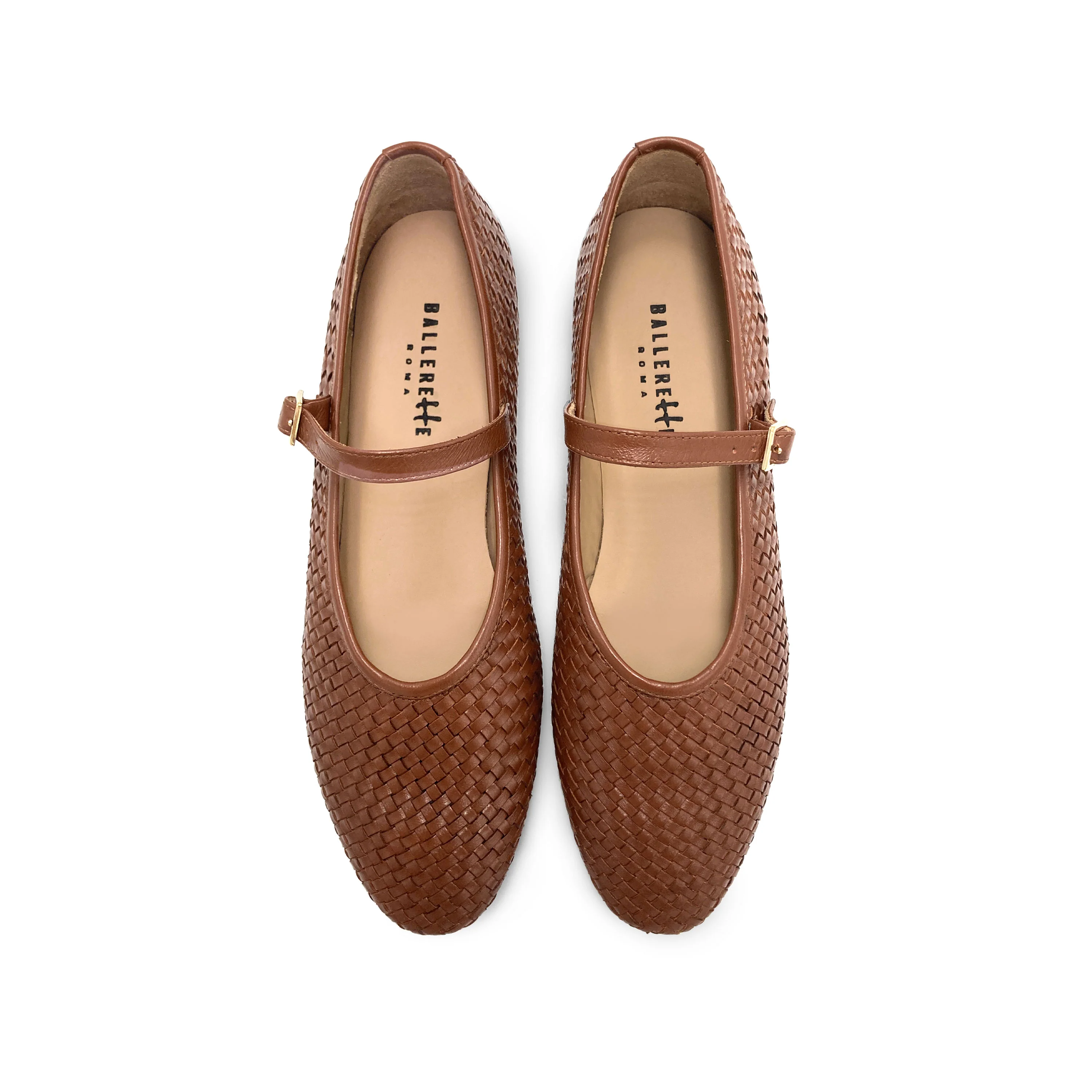 Ballerine Mary Jane marroni accollate in pelle intrecciata a mano e cinturino