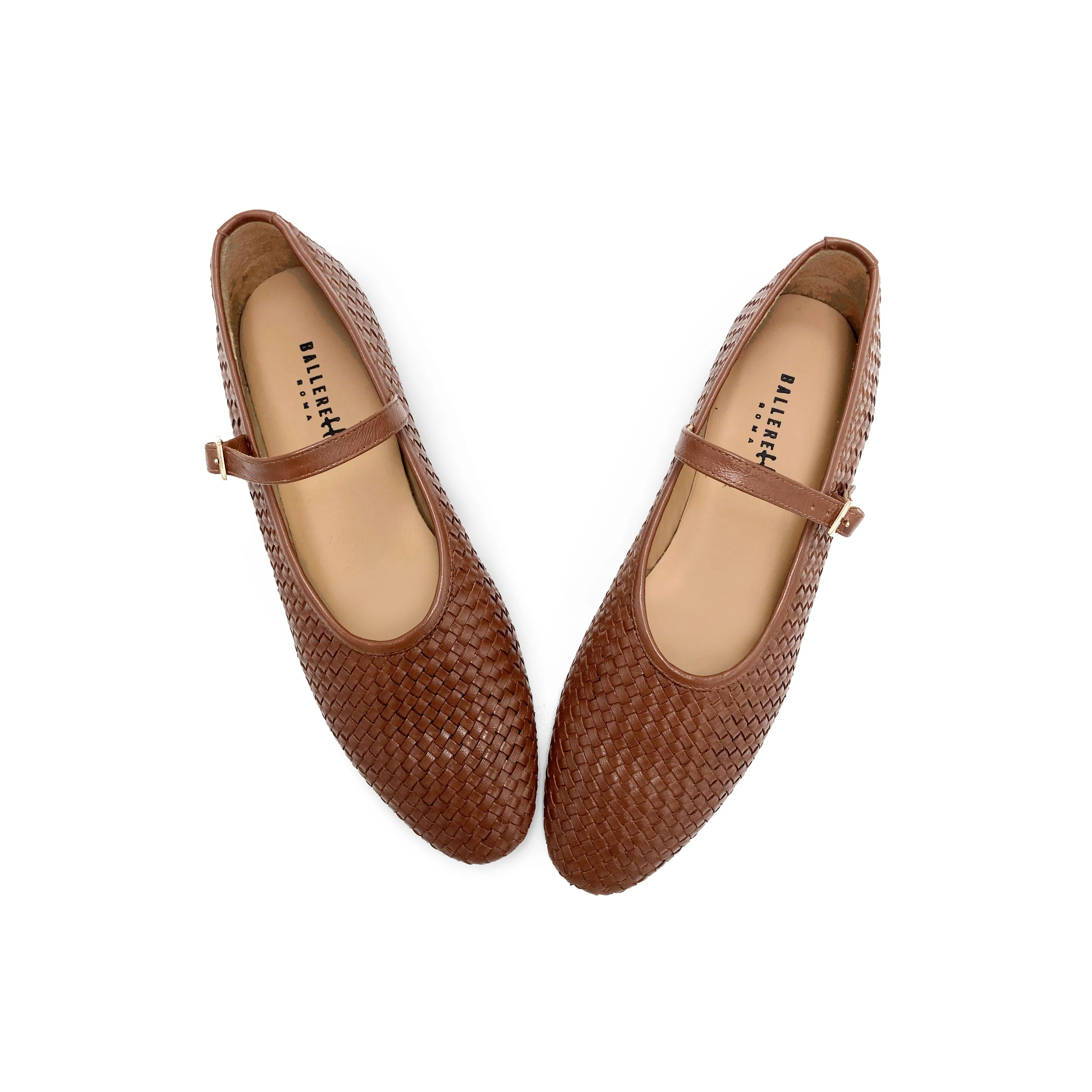 Ballerine Mary Jane marroni accollate in pelle intrecciata a mano e cinturino - Image 2