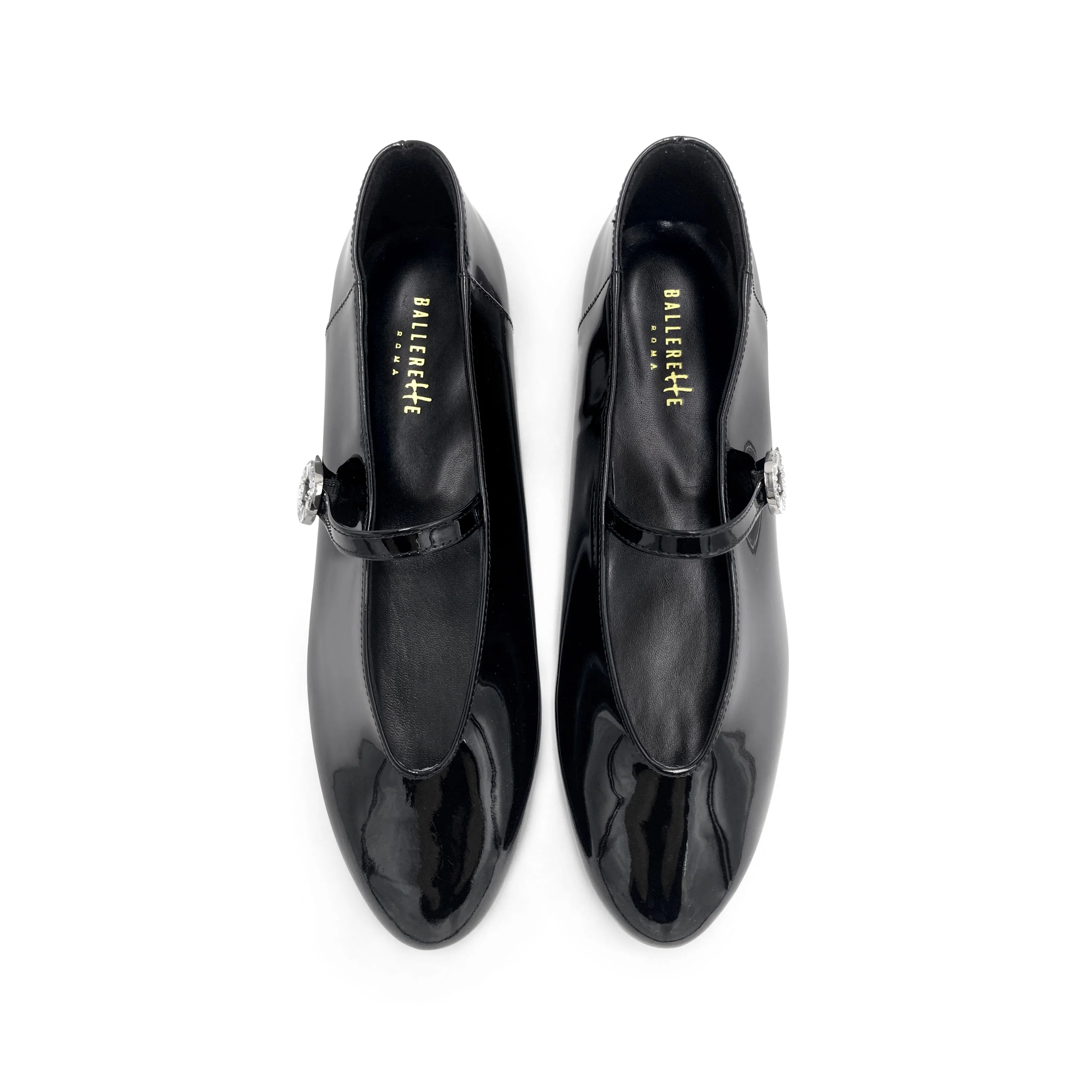 Ballerine Mary Jane nere in vernice con scollo a V e cinturino gioiello