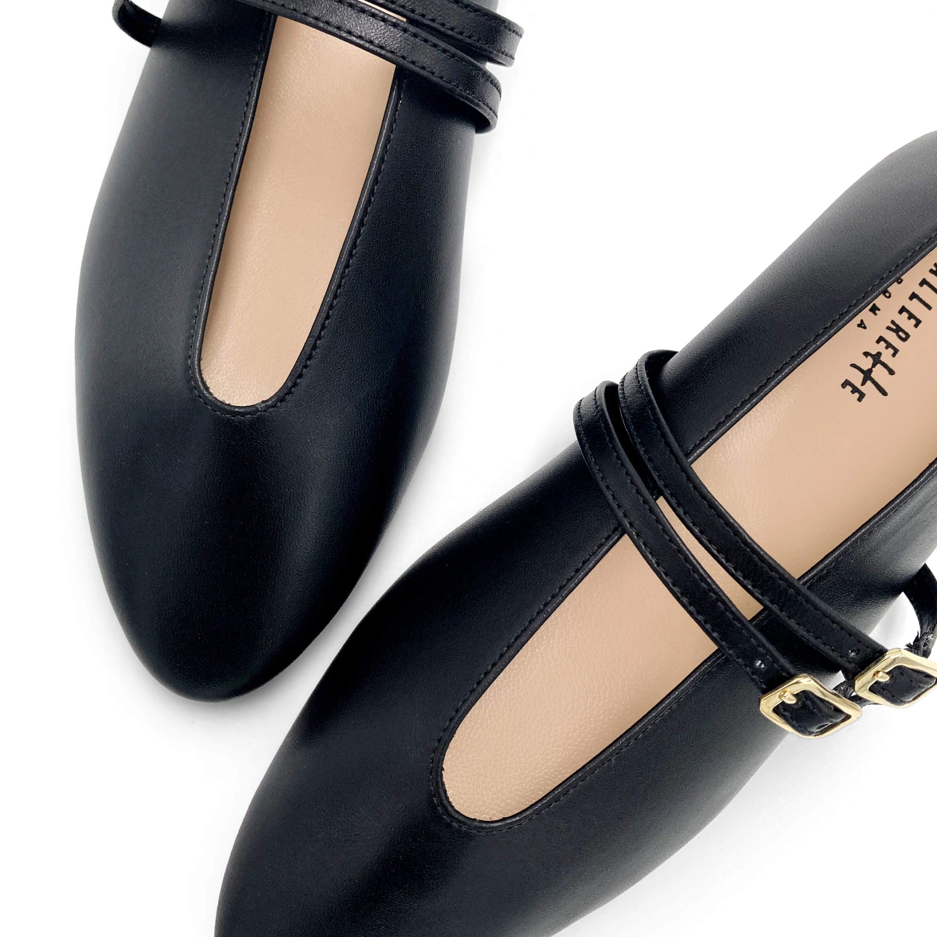 Ballerine nere in pelle con scollo a V e cinturini - Image 3