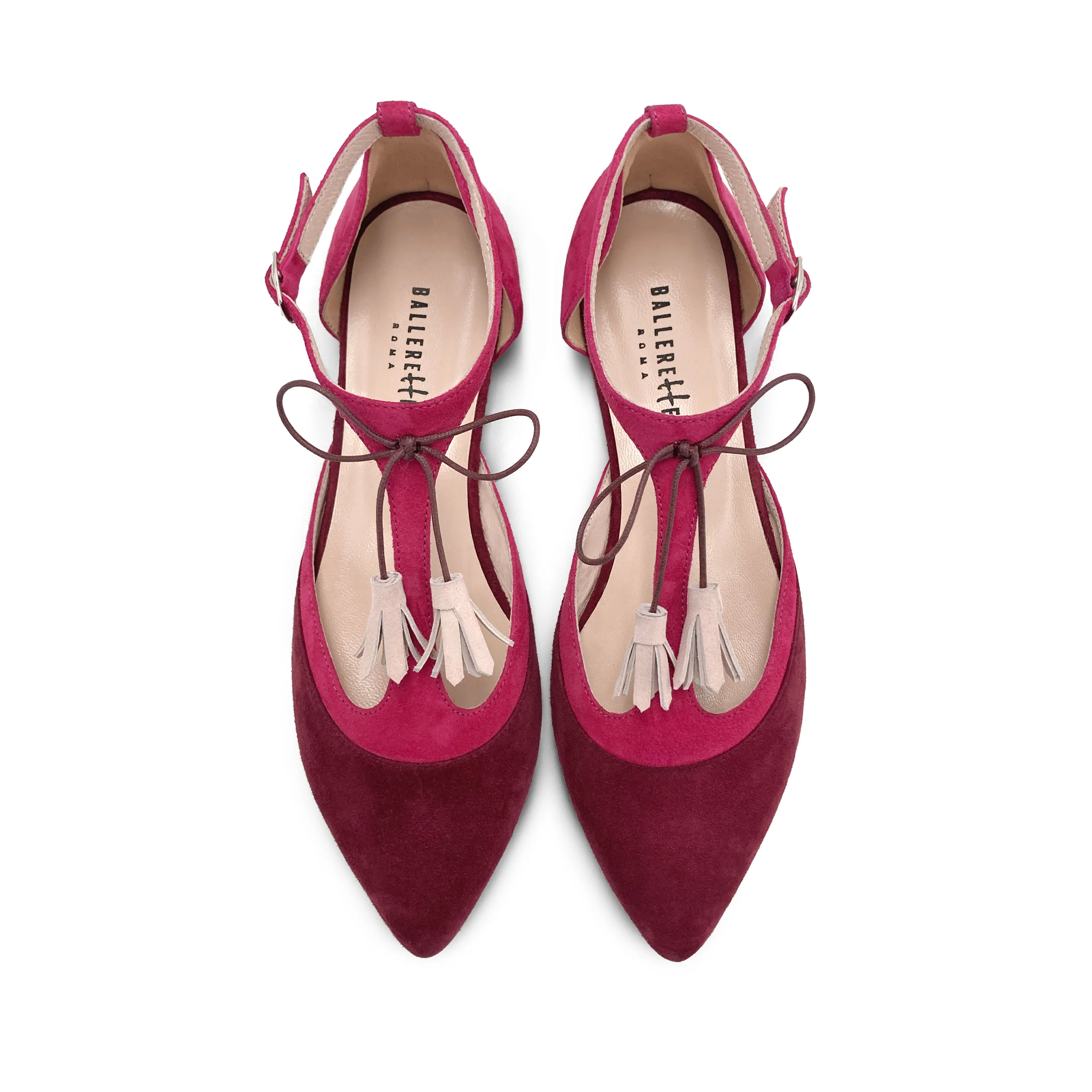 Ballerine T-bar in camoscio bordeaux e fucsia