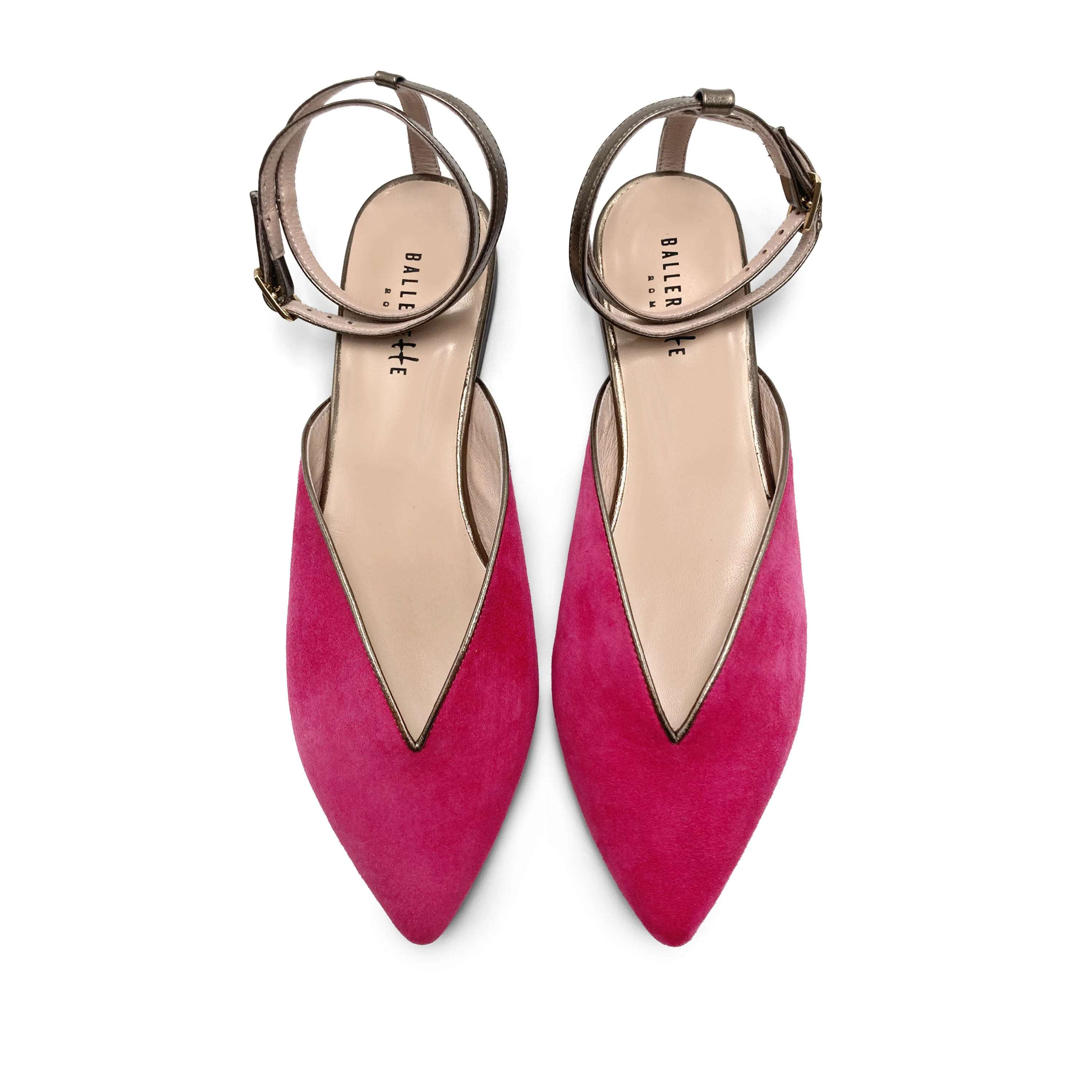 Scarpe mule estive in camoscio fucsia con laccio canna di fucile alla caviglia