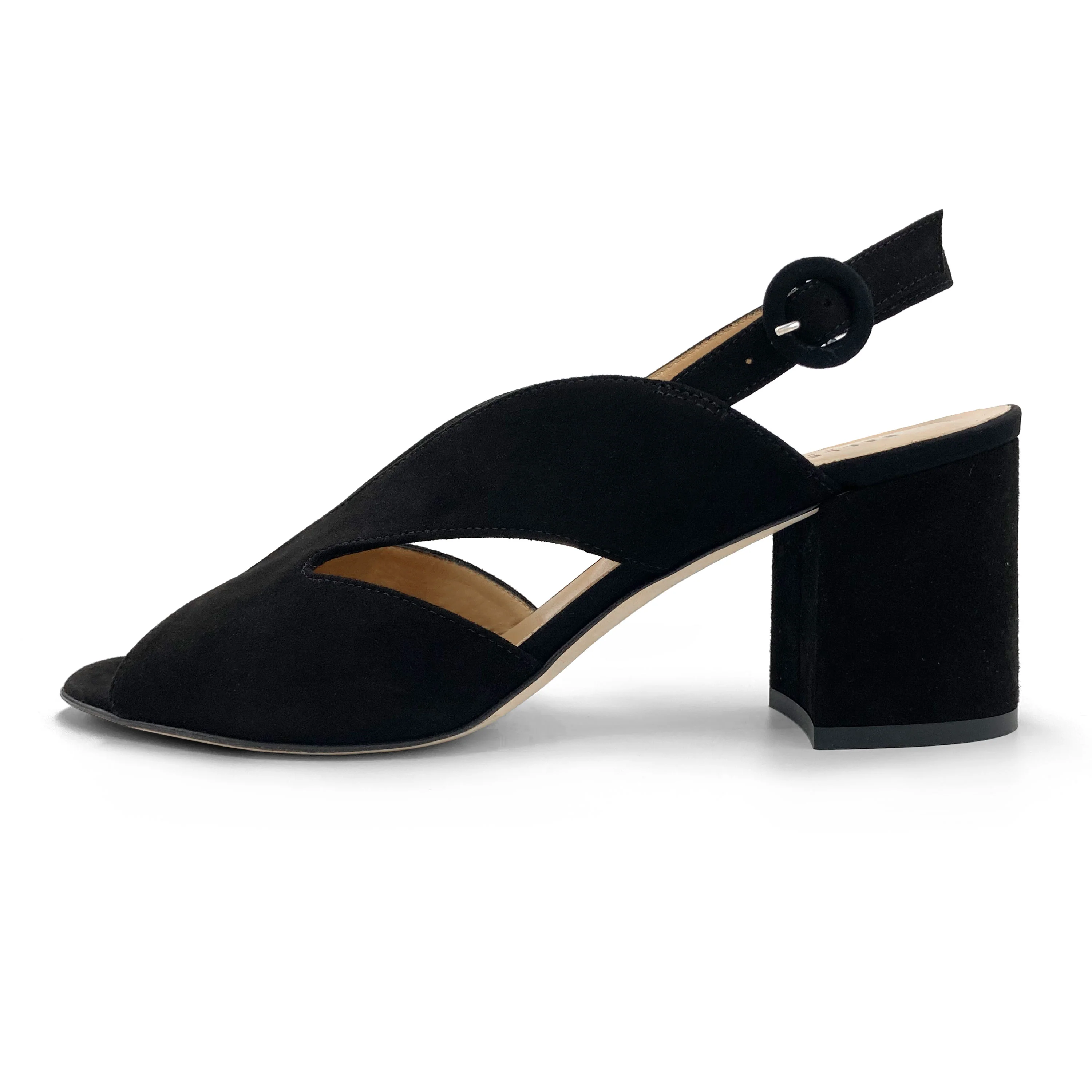 Scarpe open toe slingback nere in camoscio con tacco - Image 3