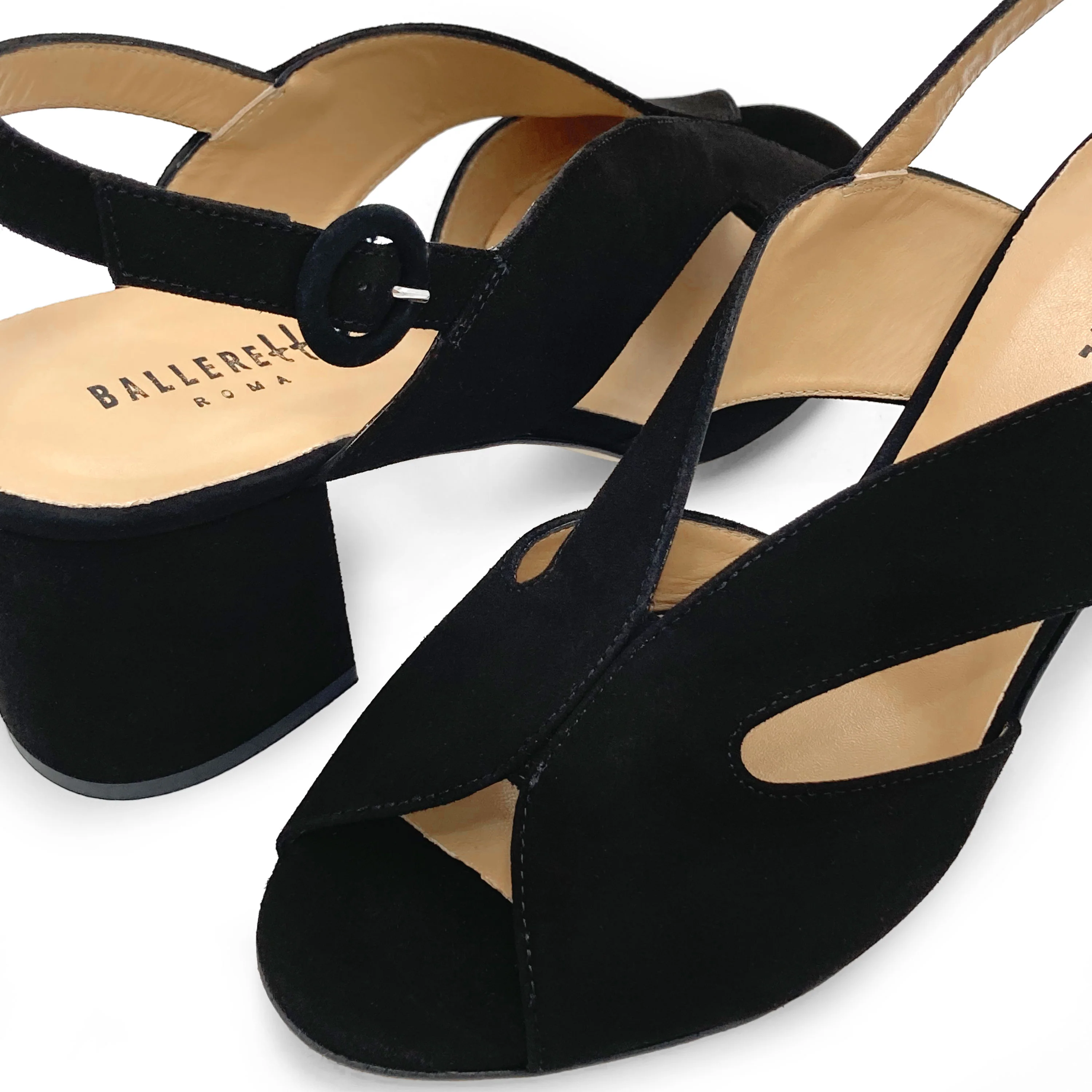 Scarpe open toe slingback nere in camoscio con tacco - Image 4