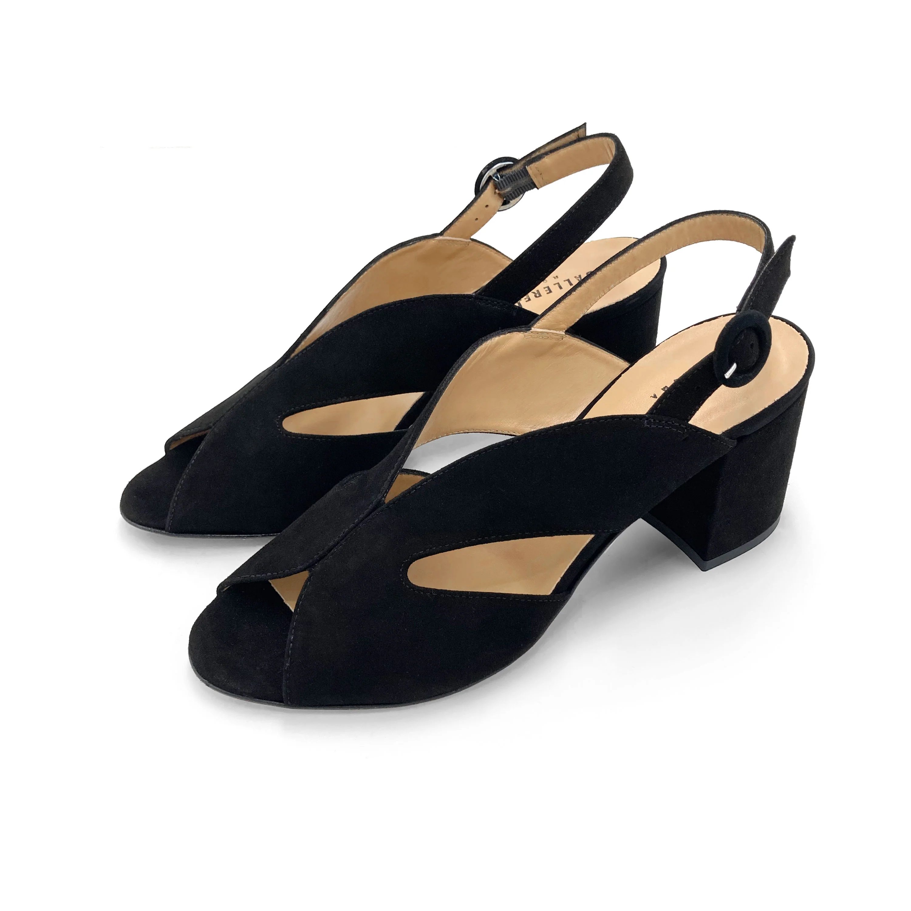 Scarpe open toe slingback nere in camoscio con tacco - Image 5