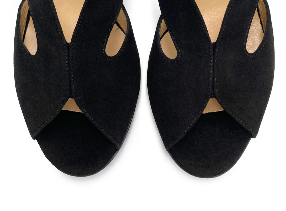 Scarpe open toe slingback nere in camoscio con tacco - Image 6