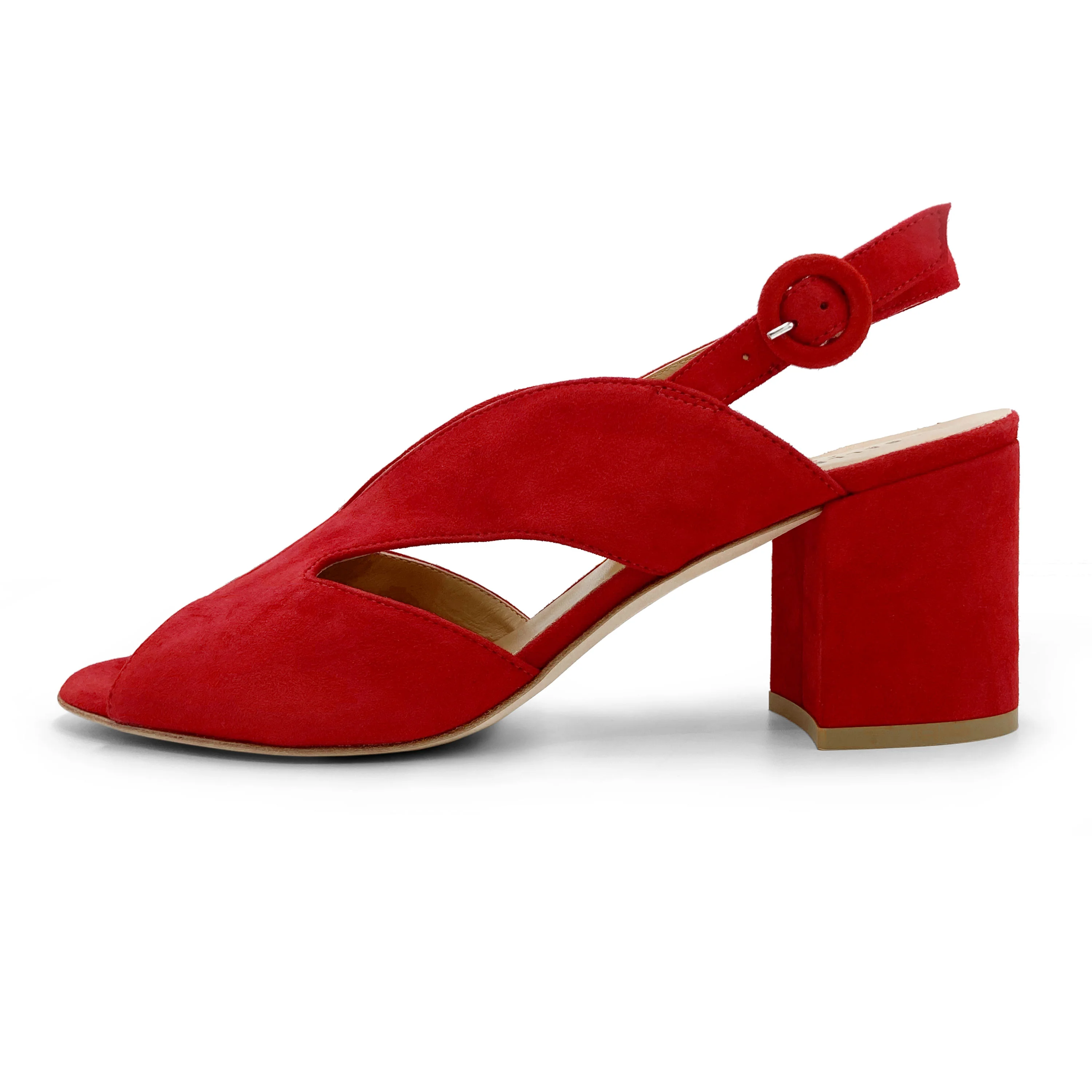 Scarpe open toe slingback rosse in camoscio con tacco - Image 3