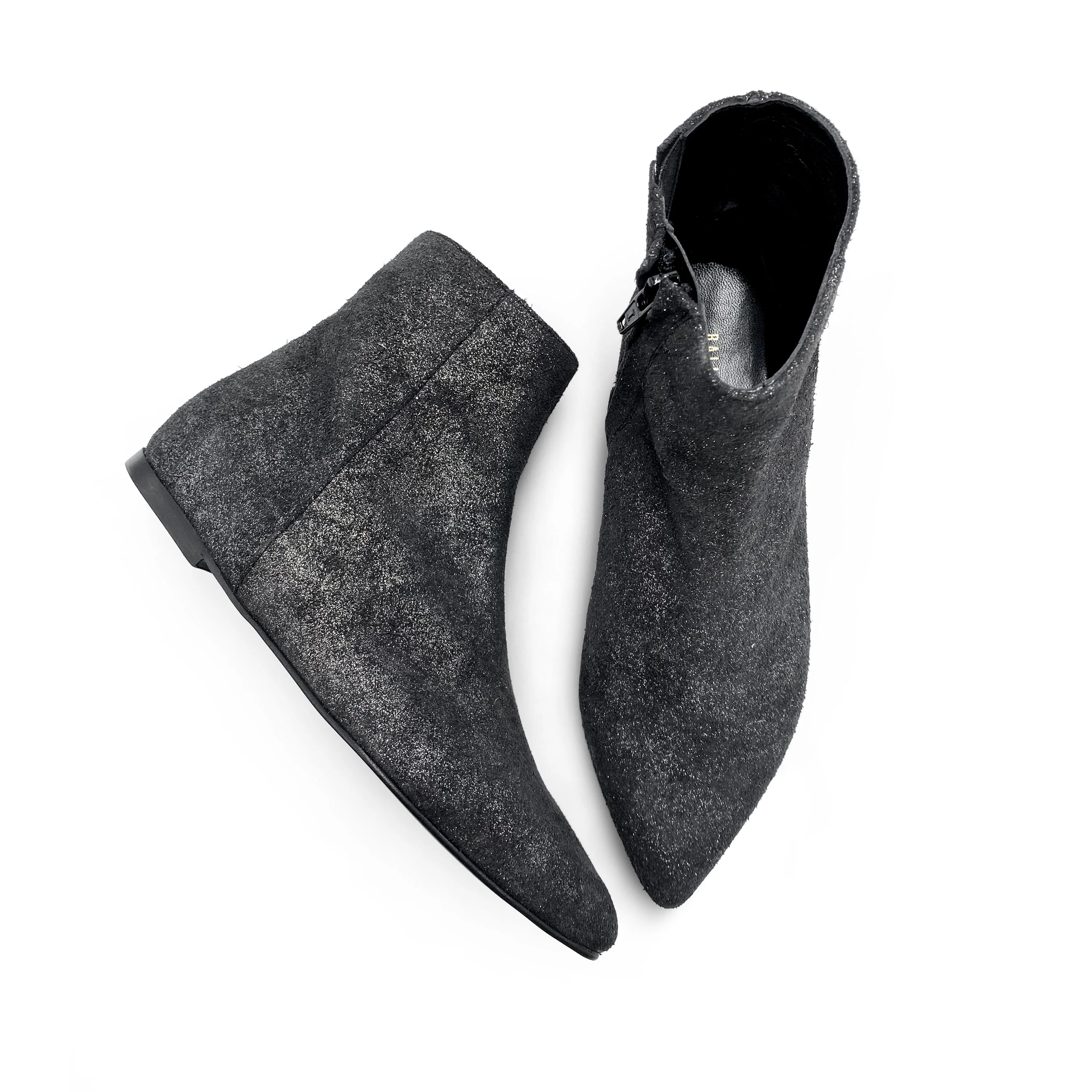 Stivaletti con tacco interno in camoscio glitterato nero