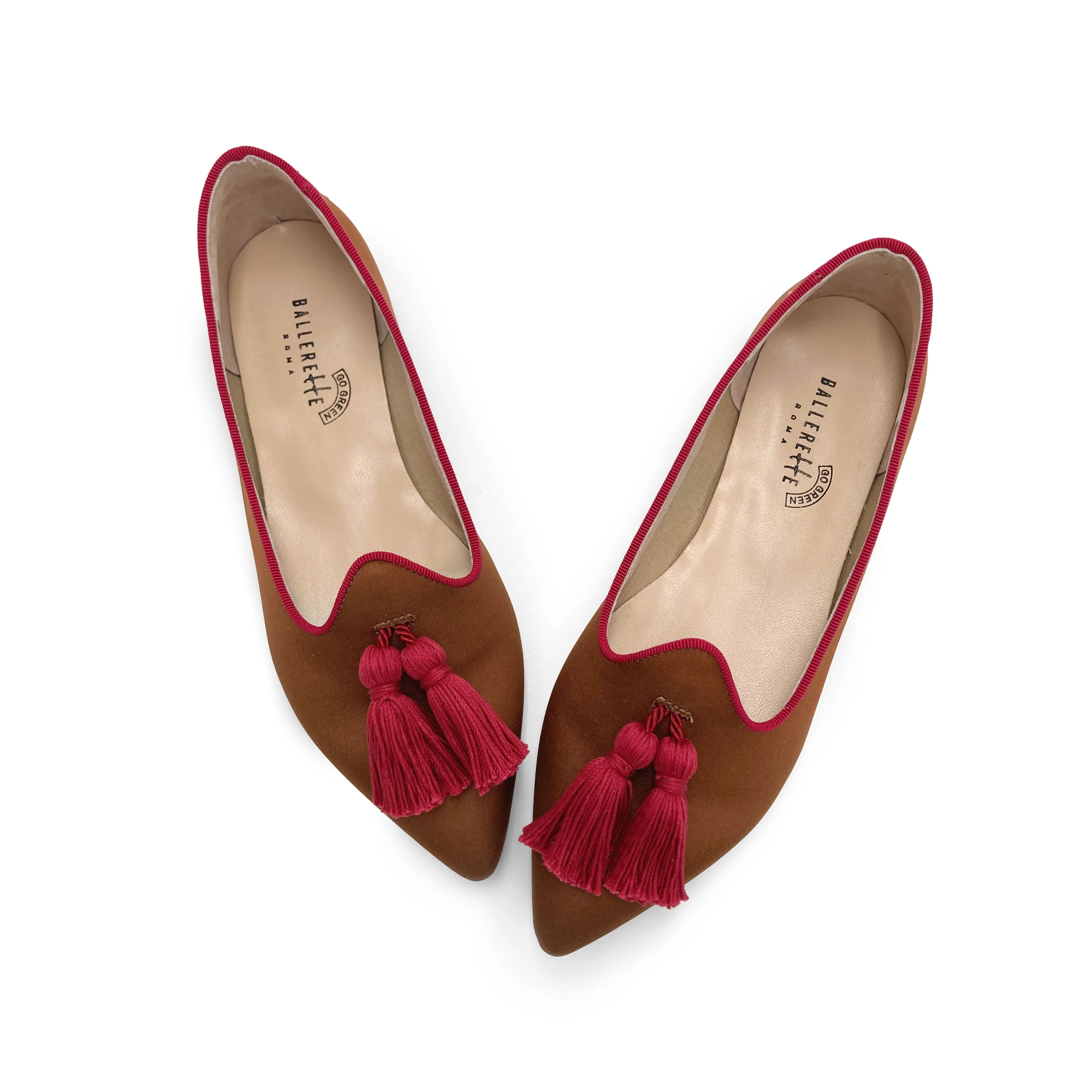 TT Go Green Collection - Mocassini donna marroni in raso eco e nappine fucsia - Image 2